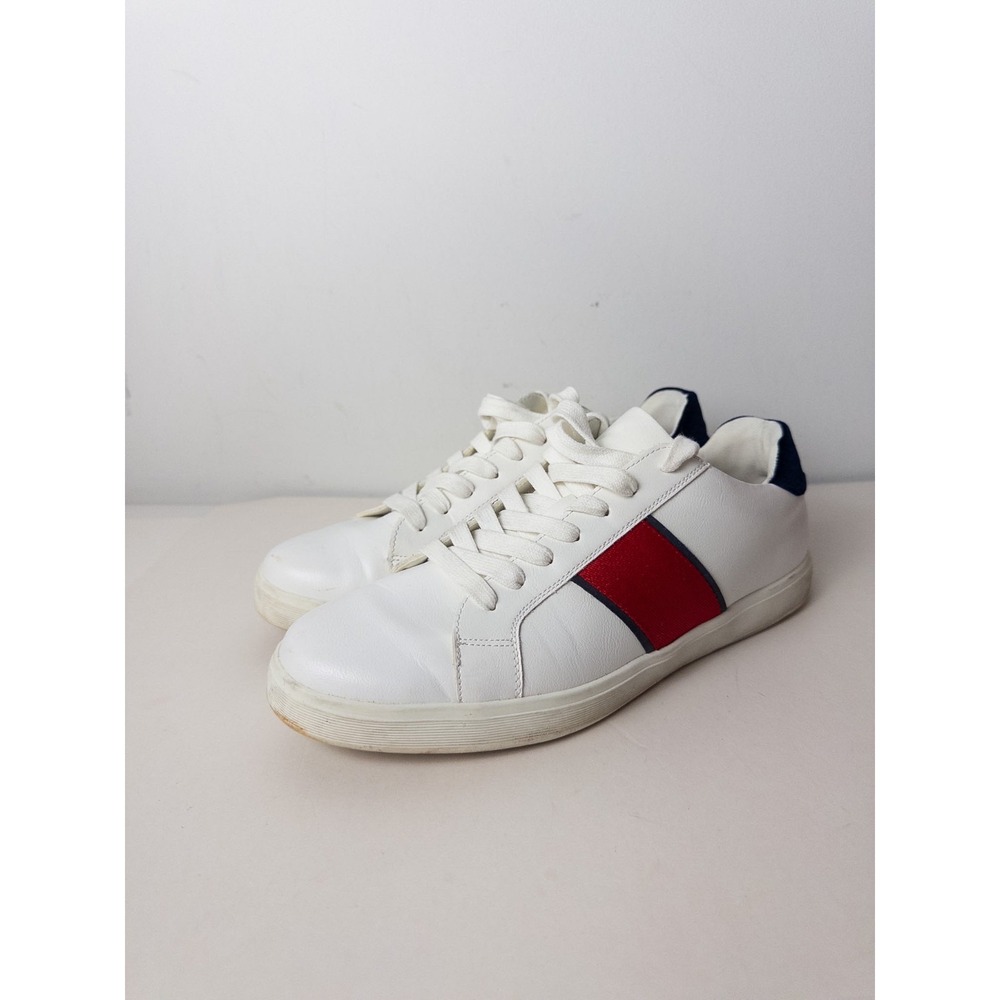 Aldo Mens 10.5 White Leather Sneakers Red Navy Stripe Low Top Casual Court Shoes
